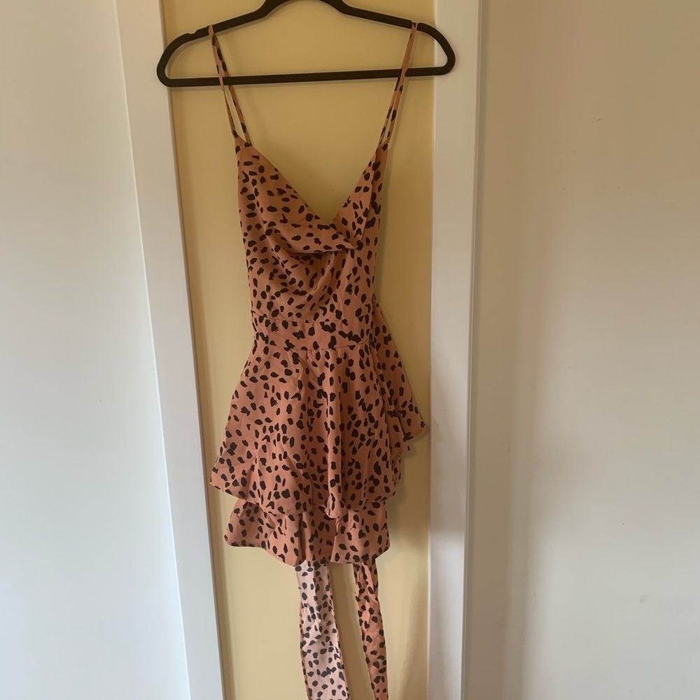 Cowl neck orange spot pattern romper with ruffles